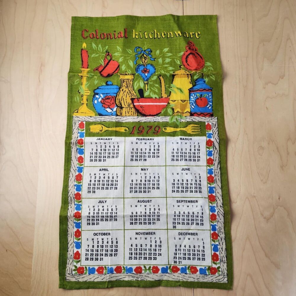 Vtg 1979 Colonial Kitchenware Linen Cloth Wall Calendar Hanging Kitchen Decor